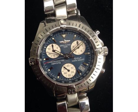 Breitling - a A73350 stainless steel Colt quartz chronometer wrist watch, concentric ring textured blue dial,  baton markers,
