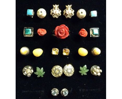 Earrings - a pair of carved jade maple leaf studs;  a pair of amber free form studs;  others;  Turquoise and silver,etc;  a p