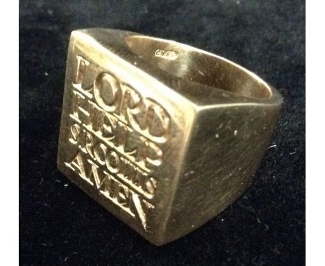 A modern heavy weight 9ct gold signet ring, Lord Help S R Collis, Amen, size U, 45.8g gross, Sheffield 1984