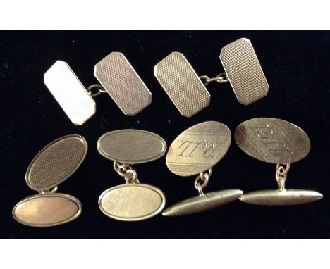 Gentleman's Items - a pair of 9ct gold canted rectangular cufflinks, engine turned platforms;  a similar oval pair, 9ct gold;