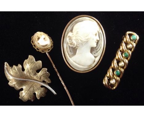 A Victorian cameo portrait brooch, lady facing right, yellow metal mount, 35mm high;  another stickpin;  an alternating six s