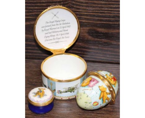 THREE ENAMELLED TRINKET BOXES
two with teddy bears and one with aircraft 