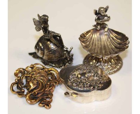 GROUP OF SILVER AND OTHER NOVELTIES
including an imp on a snail, an imp shell bowl, an art nouveau style trinket box and an a