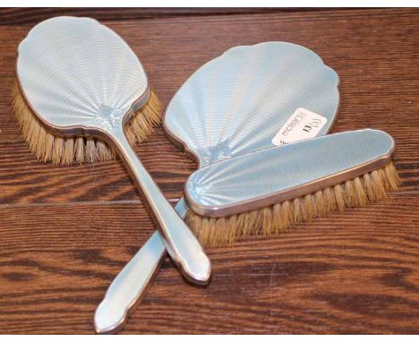 SILVER AND PALE BLUE GUILLOCHE ENAMEL THREE PIECE DRESSING TABLE SET
Birmingham hallmarks, hand mirror, hair brush and clothe