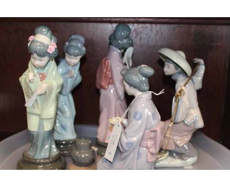 FIVE ASIAN THEMED LLADRO FIGURES
including a fisherwoman with two baskets of fish, a kneeling geisha and three young geisha f