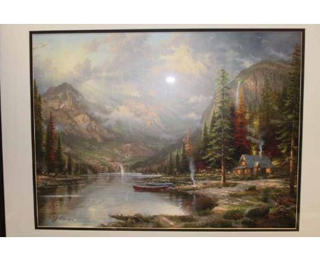 THOMAS KINKADE (AMERICAN 1958 - 2012),
MOUNTAIN LODGE ON THE LAKE
colour lithograph on paper, signed artists proof, number 49