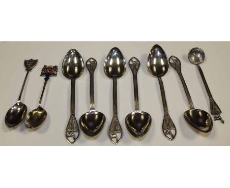 SET OF SEVEN SOUTH AMERICAN SILVER LLAMA FINIAL COFFEE SPOONS 
and two souvenir spoons