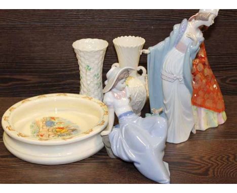 ROYAL DOULTON FIGURE 'THE PAISLEY SHAWL'
HN 1392; along with a Royal Doulton Bunnykins bowl and two Beleek vases, with A Llad