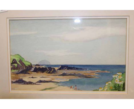 GROUP OF FOUR PAINTINGS
including an oil of a coastal ruin, a watercolour of a light house, a watercolour of a pastoral lands