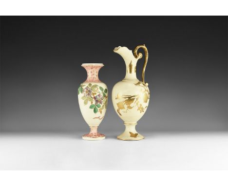 20th century AD. A group of two glazed ceramic vessels comprising: an ewer with scrolled handle, gilt tree and foliage orname