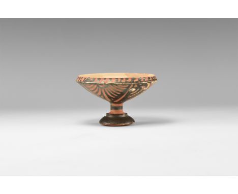 5th-3rd century BC. A ceramic domed lid with pedestal-style handle, pained palmettes and profile heads of ladies of fashion w