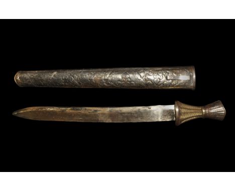 20th century AD. A sword with single-edged steel blade, ribbed wire hilt and conical pommel with floral detail; openwork scab