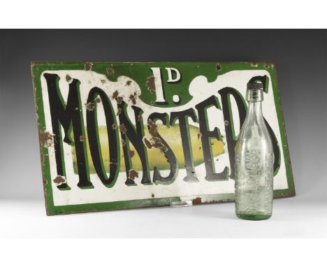 Early 20th century AD. A mixed group comprising: an aqua glass bottle with stopper, raised 'MONSTERS' legend six times in alt