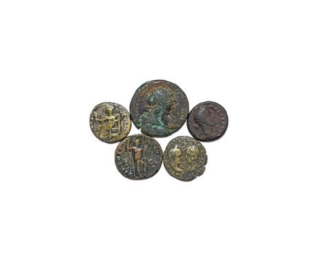 2nd-3rd century AD. Group comprising: sestertius, Trajan; ases, Claudius, Domitian, Commodus; with a provincial issue bronxe 