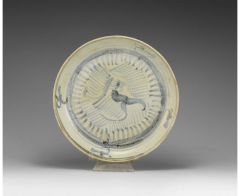 1822 AD. A pale blue export ware dish with basal ring, blue painted foliage design .  273 grams, 17.5cm (7"). From an old Ham