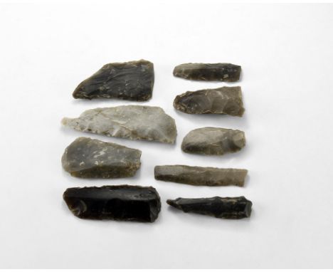 Neolithic, 8th-5th millennium BC. A mixed group of flint tools comprising: four D-section side scrapers; two D-shaped scraper