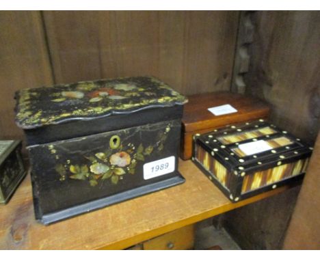 19th Century black lacquered papier mache two division tea caddy, small mahogany box with hinged dome lid, porcupine quill bo