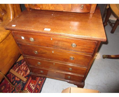 19th Century small mahogany chest, the reeded top above four drawers with circular ring handles, raised on bracket feet