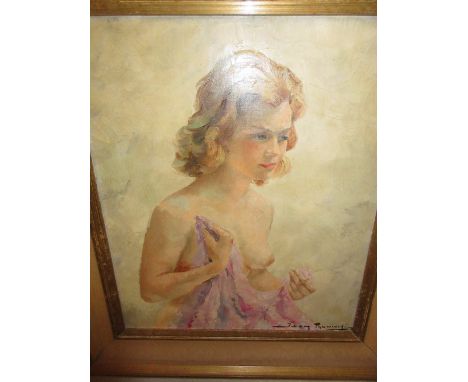 Joan Trawinski, oil on card, portrait of a semi nude girl, 22ins x 18ins, gilt framed
