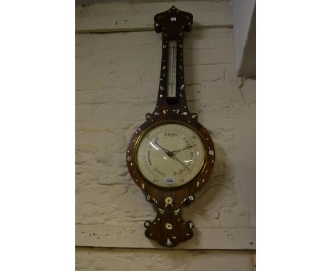19th Century rosewood brass and mother of pearl inlaid banjo shaped wheel barometer / thermometer