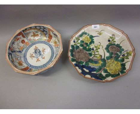 Chinese crackleware famille vert dish decorated with bird and flowers together with an Imari bowl decorated in conventional i