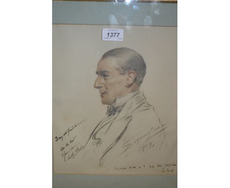 Seymour Lucas, pencil and pastel profile head and shoulder portrait of a gentleman, extensively inscribed to the front in pen