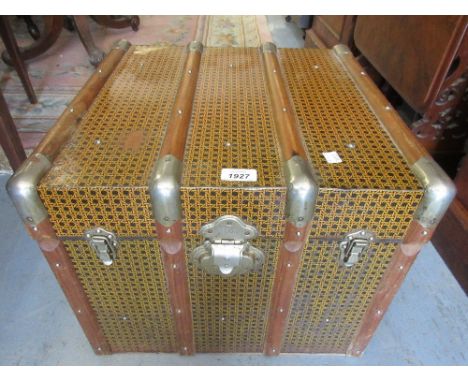 20th Century tin covered wooden bound trunk with hinged cover and side carrying handles, 18ins square x 15ins high