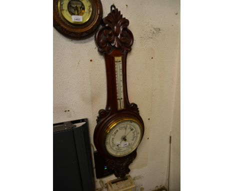 Late 19th / early 20th Century carved oak aneroid barometer thermometer