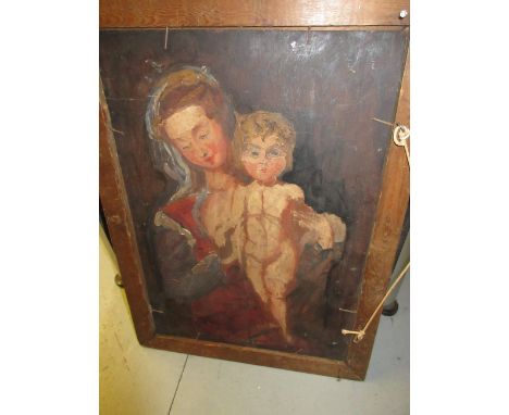 Reinhardt ?, signed double sided oil on on panel, view of a boating lake, with portrait of the Madonna and child verso, 10.5i