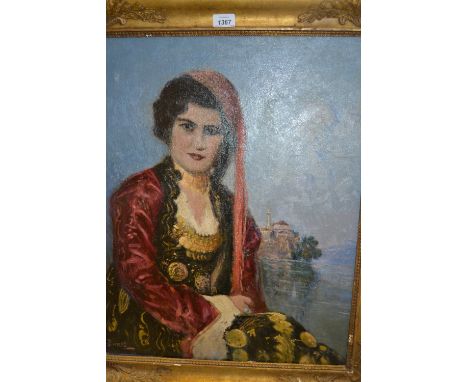 20th Century oil on canvas, portrait of a seated Mediterranean woman before a lake, in a French gilt frame, signed J. Benello
