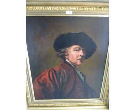Large 19th Century oil on canvas, head and shoulder portrait of a gentleman in a velvet hat and red overcoat, unsigned, in a 