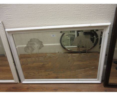 20th Century rectangular framed mirror engraved with horse racing scene together with a brass oil lamp having etched glass sh