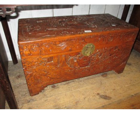 Small 20th Century Chinese trunk with hinged cover, 29ins wide, 15ins high