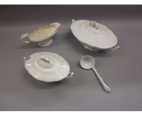 Alcocks white pottery gravy boat, two tureens and a ladle