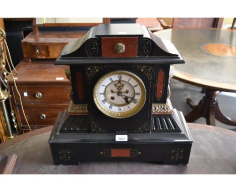 Large Belgian black slate, marble and gilt brass mounted mantel clock, the enamel dial with Roman numerals and visible escape