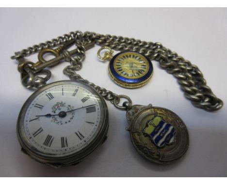 Ladies silver cased keywind fob watch, together with a silver Albert watch chain with attached fob and a 20th Century enamel 