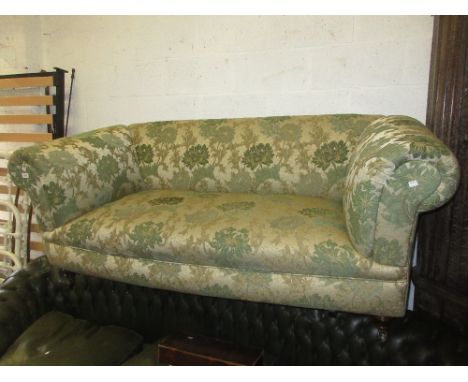 Late 19th or early 20th Century Chesterfield type two seat sofa covered in a modern period style floral fabric in shades of g