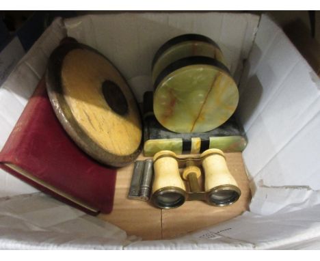 Pair of Art Deco marble and onyx garnitures, pair of opera glasses, a lighter etc