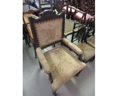 Late Victorian carved walnut and upholstered elbow chair on turned front supports, together with a late Victorian stained bee