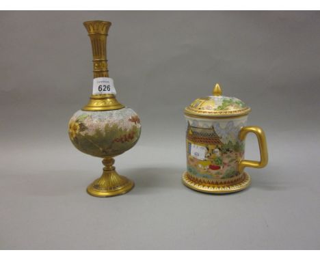 Floral decorated stoneware and gilt metal mounted pedestal vase and a Thai covered cup and saucer