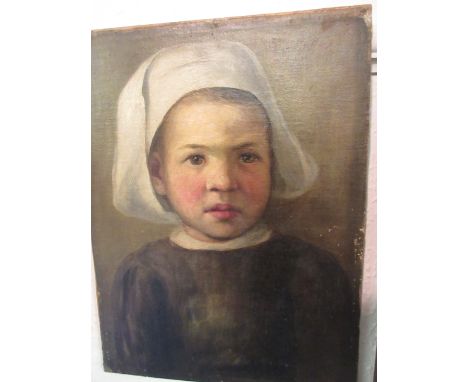 Mary Kolloch, oil on canvas laid onto board, head and shoulder portrait of a young girl, signed, unframed, bearing label vers