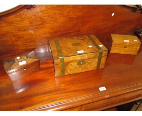 Victorian figured walnut and brass bound rectangular fold-over writing box (at fault), small Victorian rosewood sarcophagus s