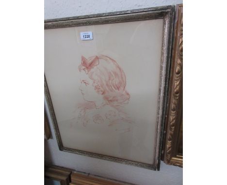 Sepia crayon drawing, profile portrait of a girl indistinctly signed, inscribed verso on a label, Mrs Artesani, 19.5ins x 16i