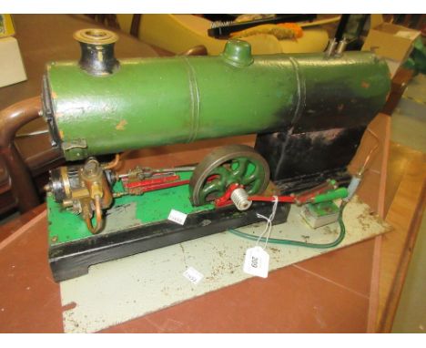 Large scratch built green, red and black painted working stationary engine, boiler 17.5ins long  x 4.25ins diameter