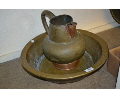 Copper and brass wash basin and jug 