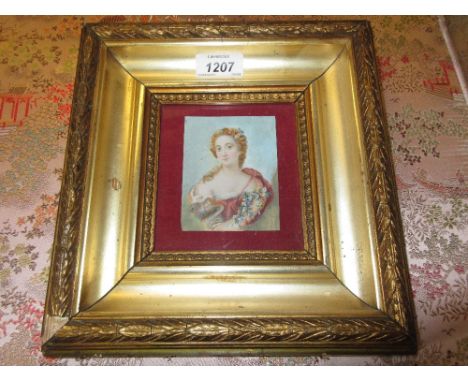 19th Century miniature portrait painting of a young lady adorned with flowers