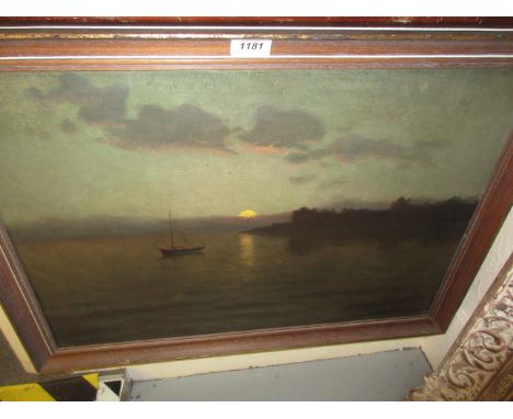 M. Vinogradoff, signed oil on canvas, a harbour at sunset with boat at anchor, 16ins x 23.5ins