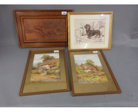 Relief moulded terracotta plaque depicting a gun dog, together with three framed prints