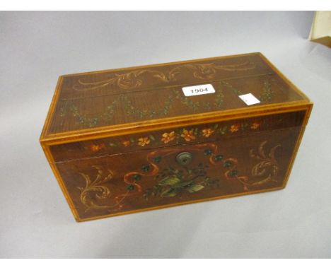 Early 19th Century satinwood hand painted crossbanded and inlaid three division tea caddy, with later mixing bowl CONDITION R