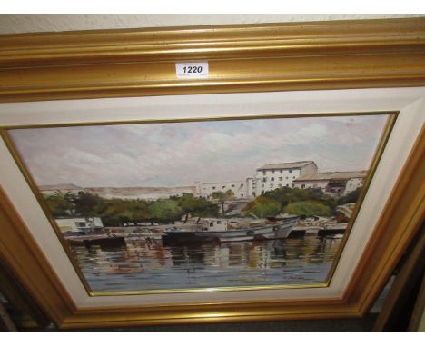 M. Berlanga, oil on canvas, Mediterranean harbour scene, signed, 17ins x 21ins, gilt framed